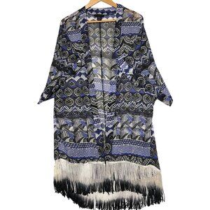 Steve Madden OSFM Lightweight Open Geometric Pattern Fringe Kimono Long
